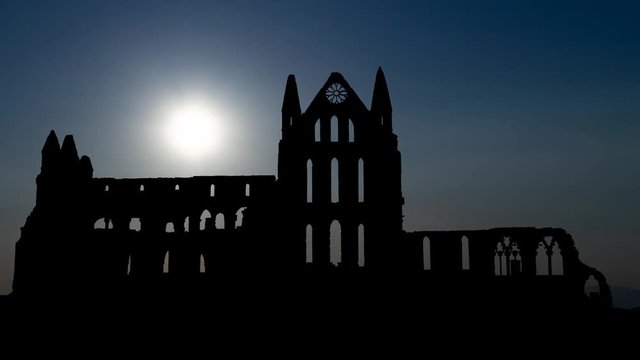 Whitby Abbey at Sunset, Ruined Gothic Church of Famous Novel Dracula, Yorkshire, England, UK