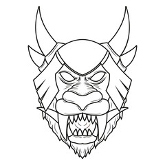 Mythical Lion demon head line art illustration. Detailed vector art of a horned mythological lion head