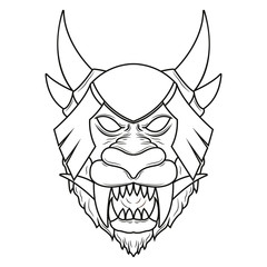 Mythical Lion demon head line art illustration. Detailed vector art of a horned mythological lion head