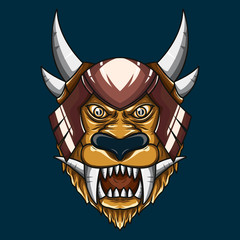 Mythical Lion demon head illustration. Detailed vector art of a horned mythological lion head