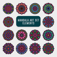 Detailed colorful mandala art set. Vintage mandala art with rounded floral abstract ornament. Mandala pattern background