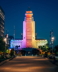 Fototapeta na wymiar City Hall at night, in downtown Los Angeles, California