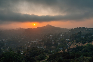 Sunset over the Hollywood Hills at Runyon Canyon Park, in Los Angeles, California