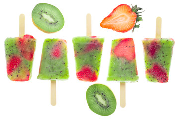 flat lay of homemade ice popsicles decorated kiwi and strawberry isolated on white background,...