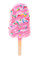popsicle with colorful sprinkles and icing isolated on white background