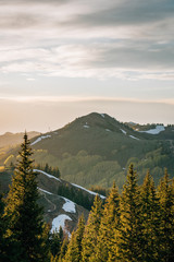 View of mountains in the Wasatch Range of the Rocky Mountains at sunset, from Guardman's Pass, near Park City, Utah