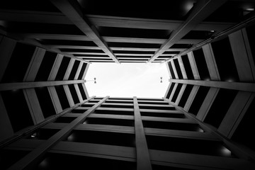 Looking up in a modern parking structure, in downtown Los Angeles, California