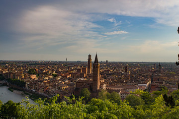 Fototapeta na wymiar Basilica of Santa Anastasia and Lamberti Tower with Adige River, Verona, Italy. View from above.