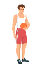 Young guy with a volleyball sword in a white sports jersey and red shorts. Isolate.