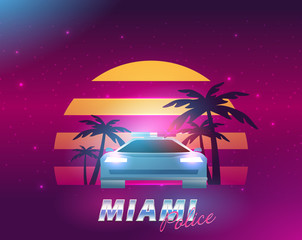 Retro future, 80s style Sci-Fi Background. Futuristic car.