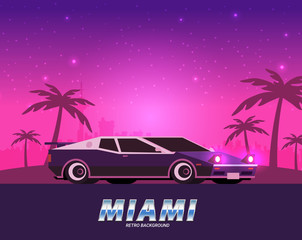 Retro future, 80s style Sci-Fi Background. Futuristic car.