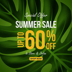 Fototapeta na wymiar Summer sale banner template, Promo design template for your seasonal promotion. Tropical leaves background.