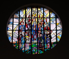 Pentecost, stained glass window in the Saint Lawrence church in Kleinostheim, Germany