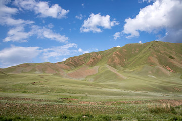 Fototapeta na wymiar Pastures and green hills against the blue sky with clouds. Travel, Kyrgyzstan