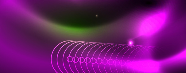 Techno glowing background, futuristic dark template with neon light effects and simple forms, vector