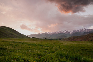 Sunset in the mountains of Tien Shan. Pastures on the background of snow-capped peaks of the...