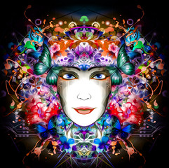 futuristic colorful background with beautiful female face and butterflies 