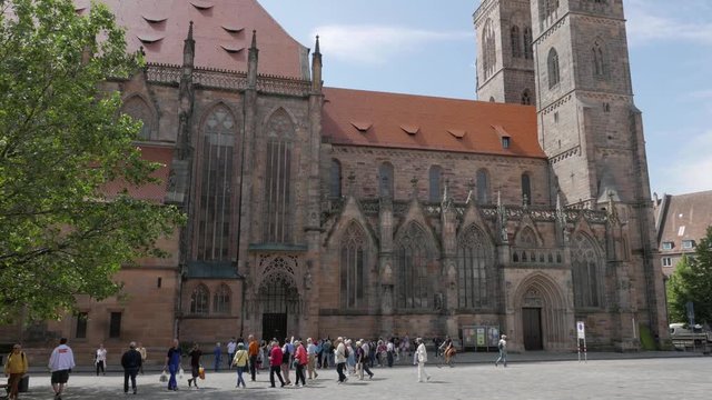 NUREMBERG, GERMANY - JUNE 13, 2019:  Sebalduskirche (St. Sebald) Gothic-era, now-Lutheran church with stained glass windows, paintings & a hefty pipe organ.