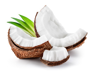 Coconut slice. Coco pieces isolated on white. Coconut with leaves.