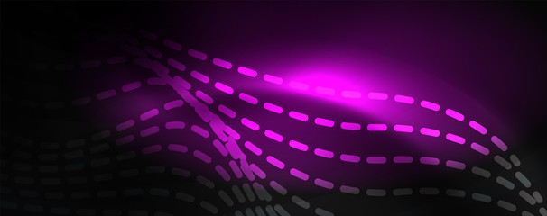 Smoky glowing waves in the dark. Dark abstract background with neon color light and wavy lines. Vector