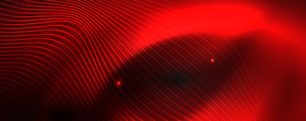 Smoky glowing waves in the dark. Dark abstract background with neon color light and wavy lines. Vector