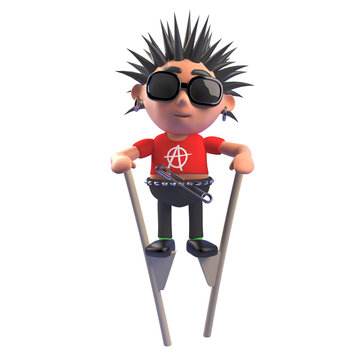 Obstinate punk rocker with spiky hair using stilts to get about, 3d illustration