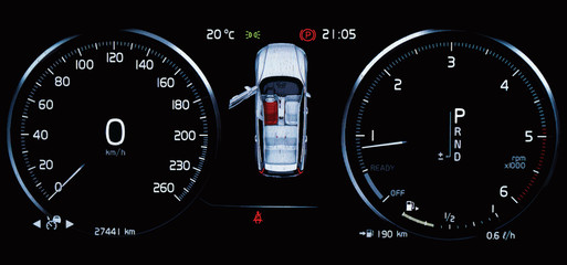 Illustration of car dashboard panel with speedometer, tachometer, odometer, fuel gauge, open door indicator, seat belt reminder and gear position indicator. Modern car digital LCD instrument cluster.