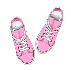 Pink sneakers. Graphic illustration. Isolate beautiful cute sneakers on a white background. View from above.