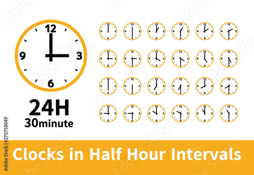 Fototapete シンプル 時計 24時間 30分刻み 30分毎 １２時３時６時９時 黄色 Unity Design