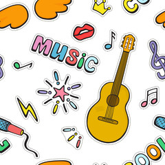 Cartoon music signs and symbols. Seamless color vector pattern.