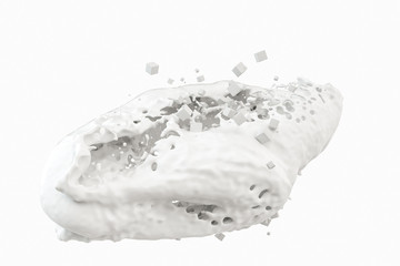 Purity splashing milk with flying cubes, 3d rendering.