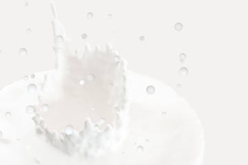 Purity splashing milk with crown shapes, 3d rendering.