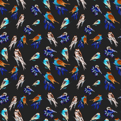 Fototapeta na wymiar Beautiful pattern with different birds. Bright drawn birds. Suitable for printing on fabric and paper.