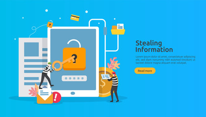 internet security concept with people character. password phishing attack. stealing personal information data web landing page, banner, presentation, social, print media template. Vector illustration