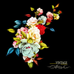 Bouquet of flowers. Peony with leaves on black. Hand drawn, vintage. Vector - stock. 