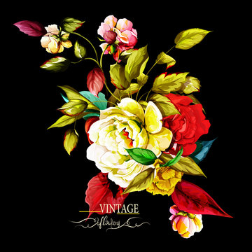 Bouquet of flowers. Hand drawn illustration of wild blossom, peony with leaves. Vintage, vector - stock.