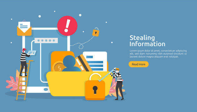 internet security concept with people character. password phishing attack. stealing personal information data web landing page, banner, presentation, social, print media template. Vector illustration