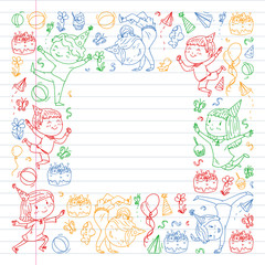 Vector illustration in cartoon style, active company of playful preschool kids jumping, at a party, birthday. colorful draving squared notebook. Drawing on exercise book.