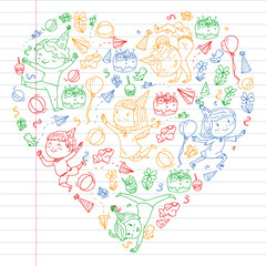 Fototapeta premium Vector illustration in cartoon style, active company of playful preschool kids jumping, at a party, birthday. colorful draving squared notebook. Drawing on exercise book.