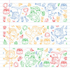 Fototapeta premium Vector illustration in cartoon style, active company of playful preschool kids jumping, at a party, birthday. colorful draving squared notebook. Drawing on exercise book.