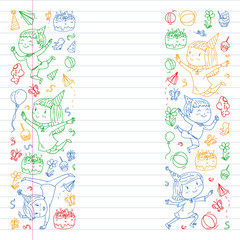 Fototapeta na wymiar Vector illustration in cartoon style, active company of playful preschool kids jumping, at a party, birthday. colorful draving squared notebook. Drawing on exercise book.