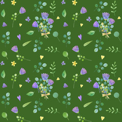 seamless pattern with cute watercolor illustration of stylized flowers.