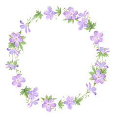Fototapeta na wymiar Watercolor wreath of lilac geranium flowers isolated on white background. Perfect for web design, cosmetics design, package, textile