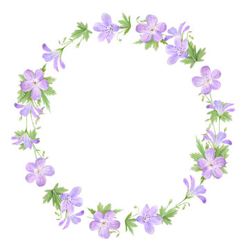 Watercolor wreath of lilac geranium flowers isolated on white background. Perfect for web design, cosmetics design, package, textile © NataliaArkusha