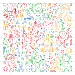 Creative kids dancing, sing, playing football, playing guitar, violin, making models from paper. Colorful drawing on white blackboard. Drawing on exercise book.