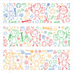 Creative kids dancing, sing, playing football, playing guitar, violin, making models from paper. Colorful drawing on white blackboard. Drawing on exercise book.