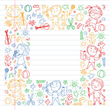 Creative kids dancing, sing, playing football, playing guitar, violin, making models from paper. Colorful drawing on white blackboard. Drawing on exercise book.
