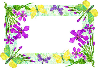 Frame with butterflies and flowers, watercolor illustration