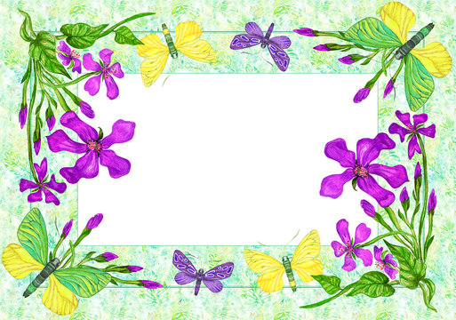 Border with butterflies and flowers, watercolor illustration