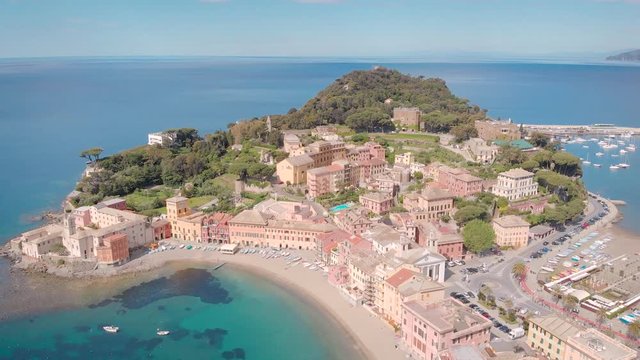 Incredible summer flyover Sestri Levante in summer.